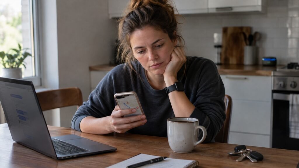 AI in everyday life: woman checking a map on her phone at the kitchen table with a laptop and smartwatch