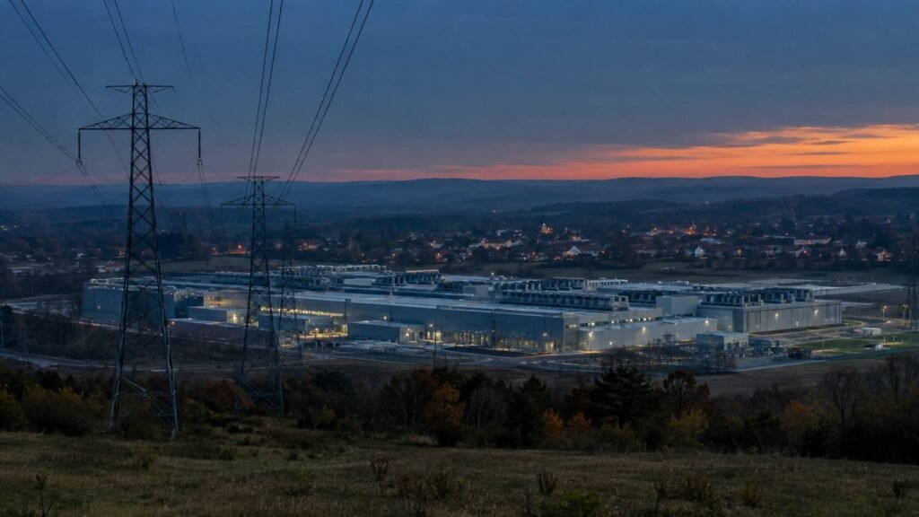 Data center electricity: AI data center connected to power lines at dusk