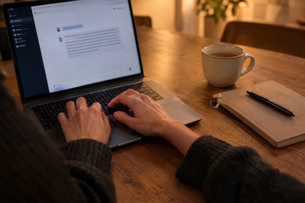 How AI is used in everyday life: hands typing a short prompt next to an unused notebook