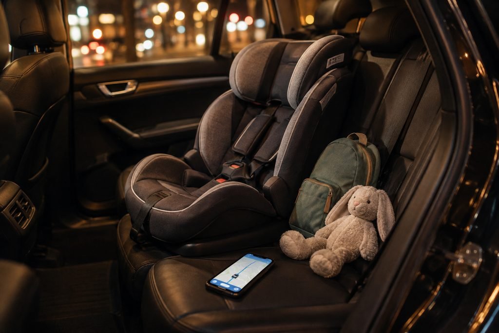 Best free travel apps: child car seat and phone with a ride app in the back of a car