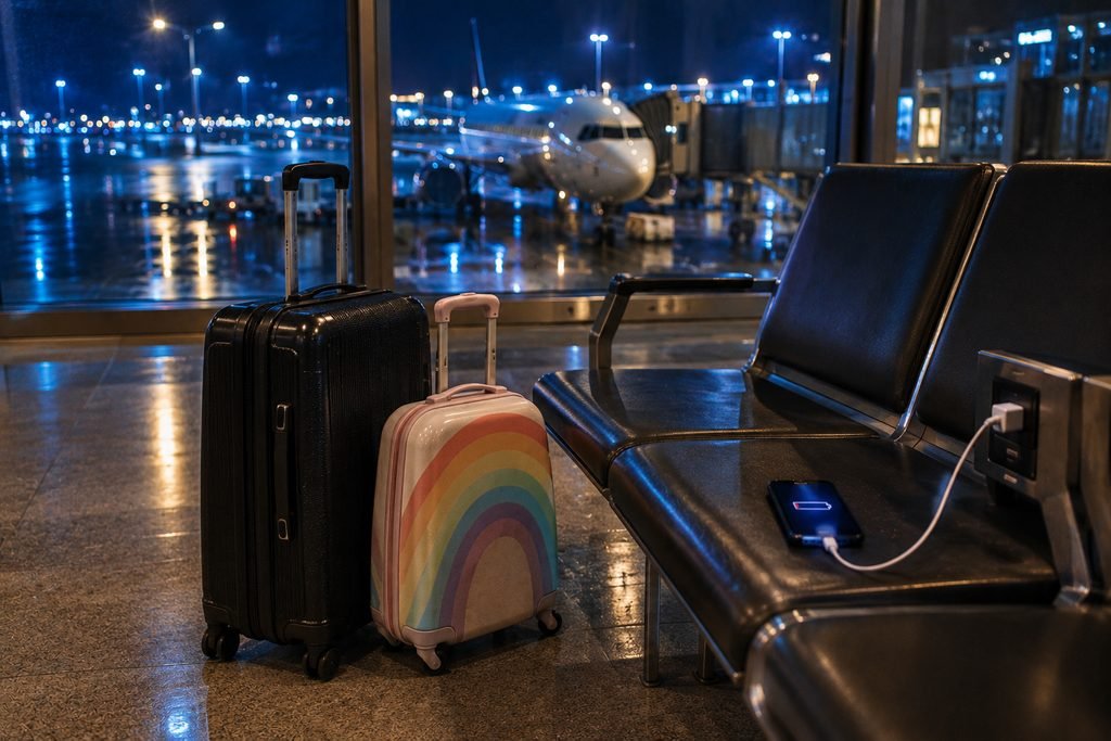 Best travel apps 2026: a phone charging at a night airport next to an adult suitcase and a rainbow kids suitcase