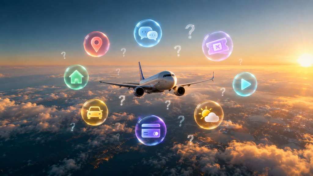 Best travel apps: an airplane over the planet surrounded by floating app icons and question marks