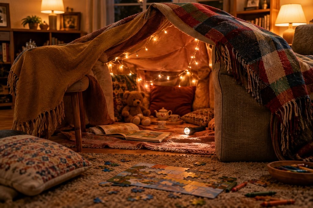 How to reduce kids screen time: a blanket fort with books and toys in the living room