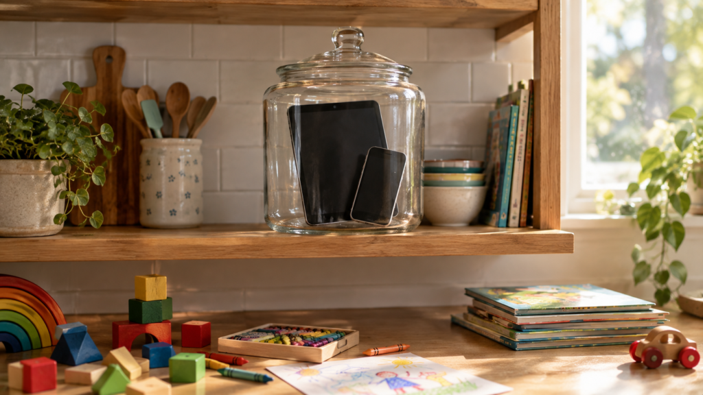 How to reduce screen time for kids: tablet and phone locked in a glass cookie jar on a high shelf