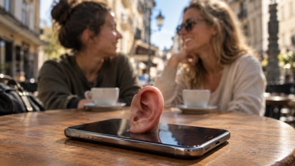 Is my phone listening to me: smartphone with a human ear on a cafe table while two friends talk