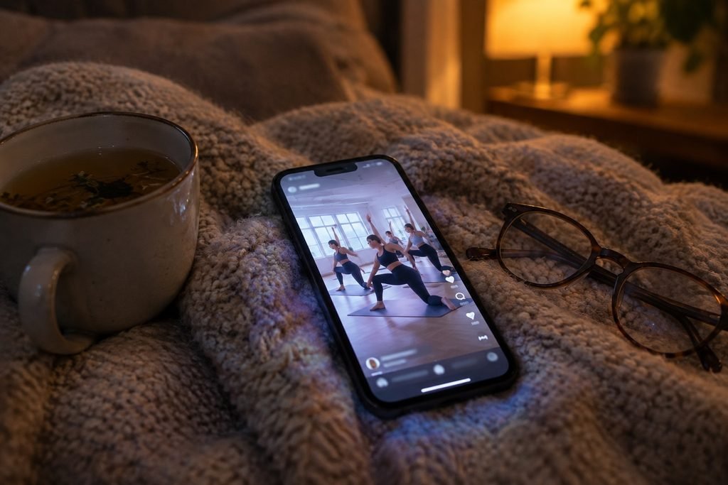 Why is my phone listening to me: phone on a sofa showing a Pilates class ad in the evening