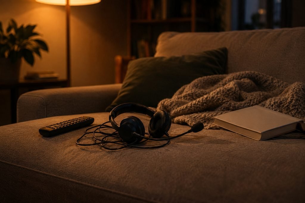 Pros and cons of remote work: a work headset lying on a living room sofa next to a book and a TV remote
