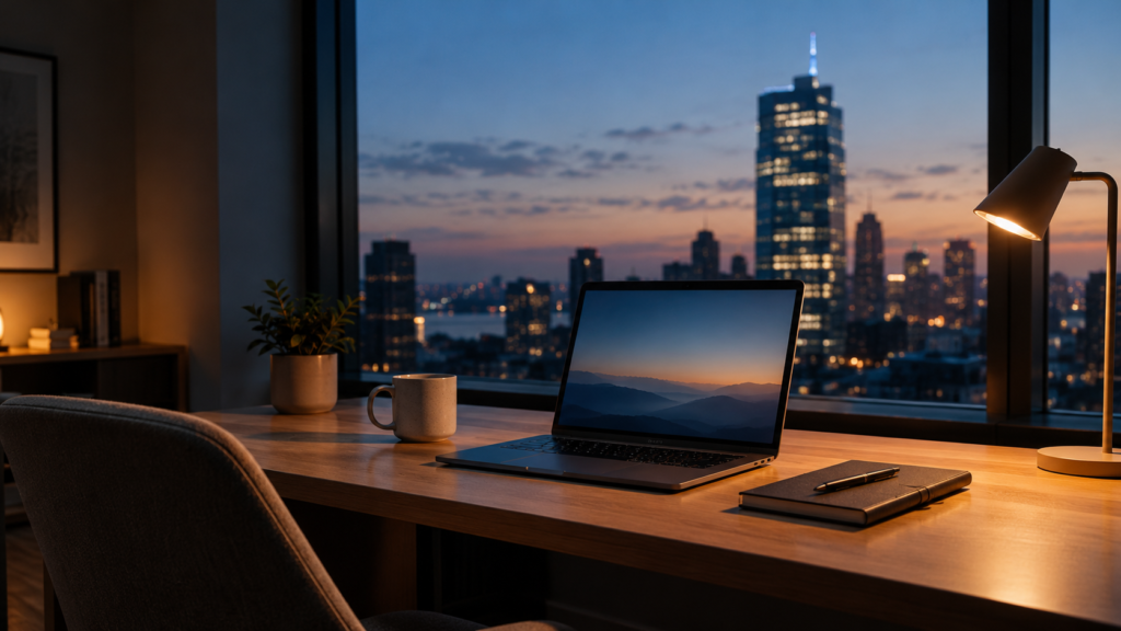 Remote work pros and cons: a home desk at dusk with a laptop and an office tower in the distance