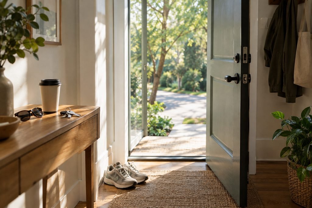 Remote work vs office: running sneakers and keys by an open front door on a sunny morning