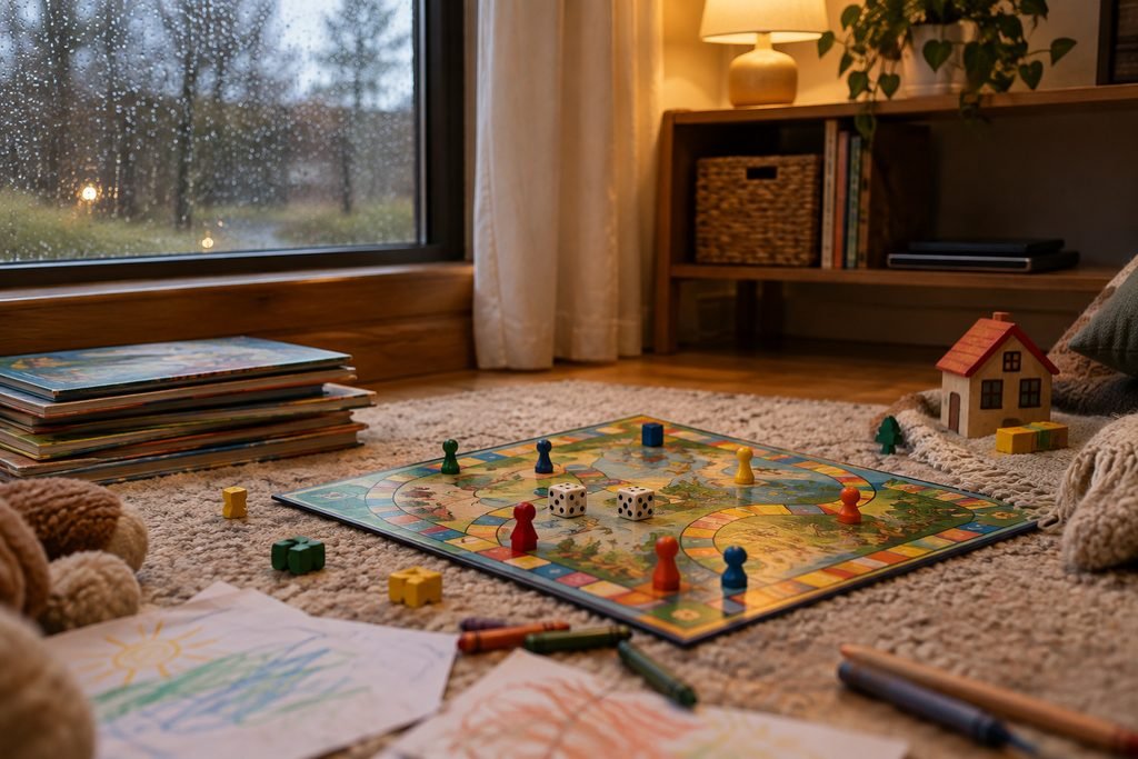 Screen time by age: board games and toys on the floor while tablets are put away