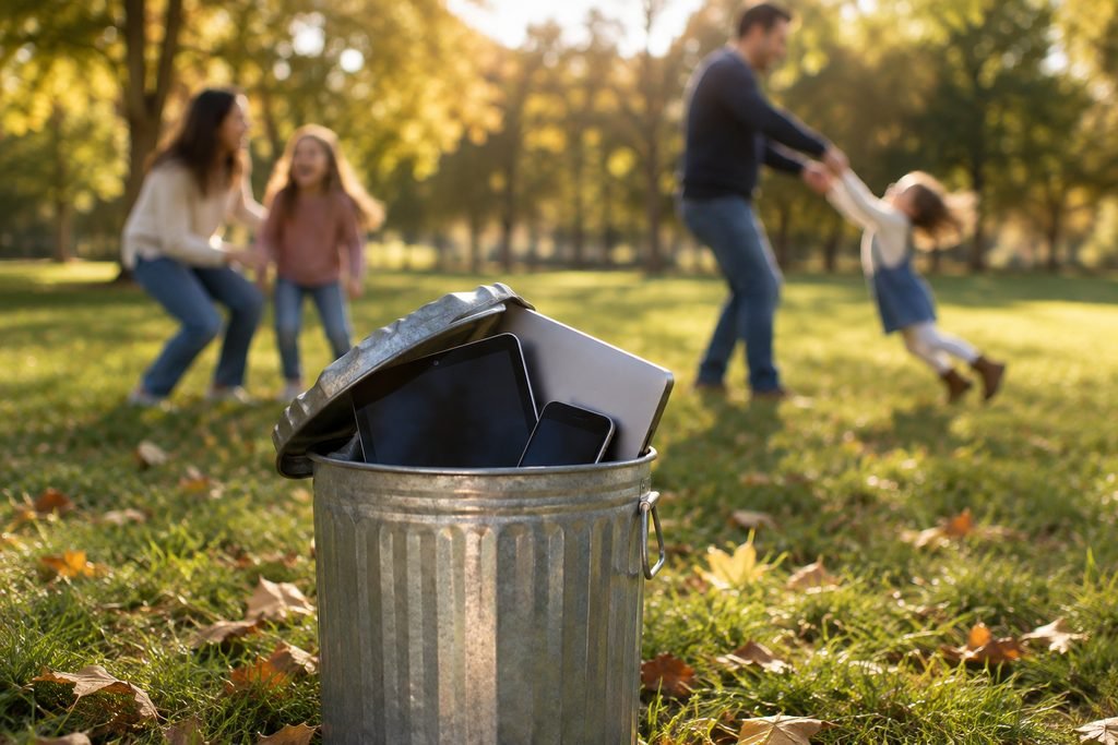 How much screen time for kids: gadgets in a trash bin while a family plays on the grass