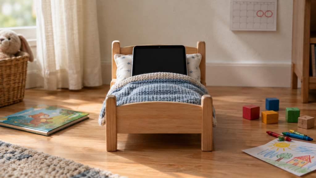 Screen time rules for kids: a tablet tucked into a toy bed on a weekday